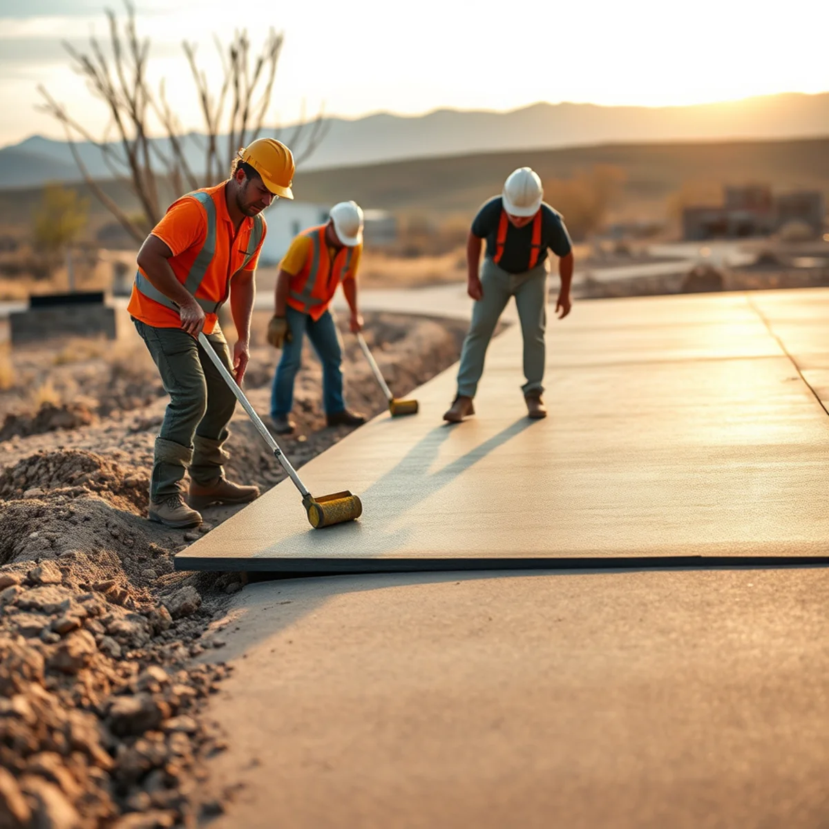 Concrete crew finishing a freshly poured driveway slab on a mild spring day in Pueblo, CO