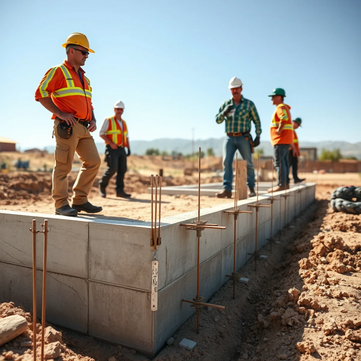 Concrete stem wall foundation with footings and rebar under construction on a new home site in Pueblo County, Colorado