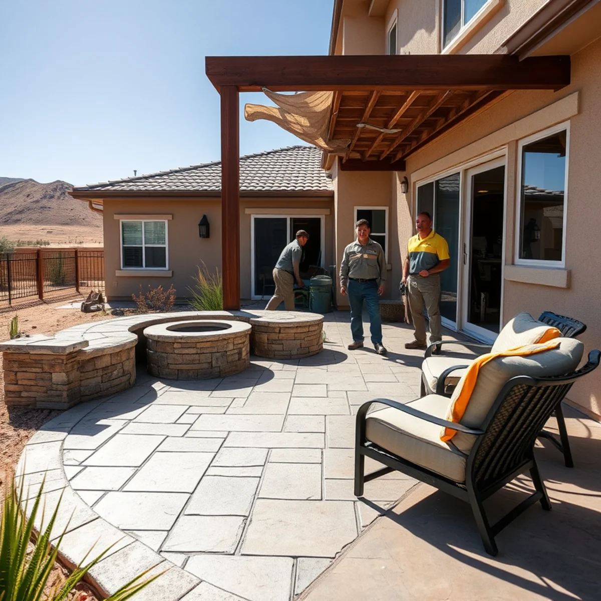 Stamped concrete backyard patio on a Pueblo, CO home with a fire pit and seat wall, showing features that affect patio cost