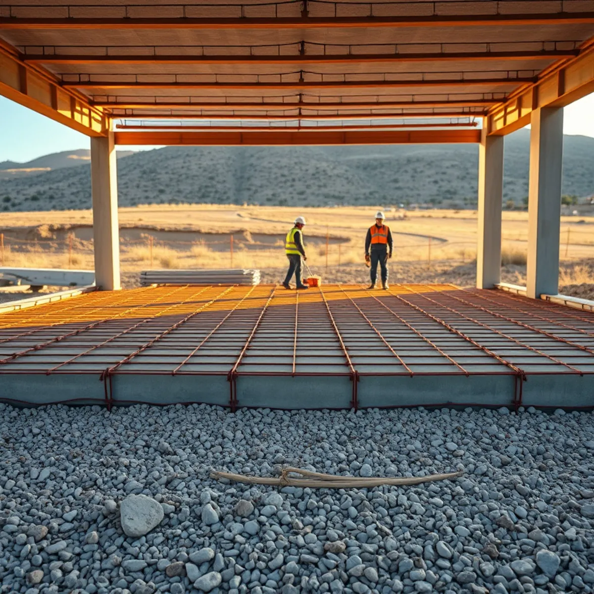 Freshly poured reinforced concrete garage slab in Colorado with rebar and a compacted gravel base ready for finishing