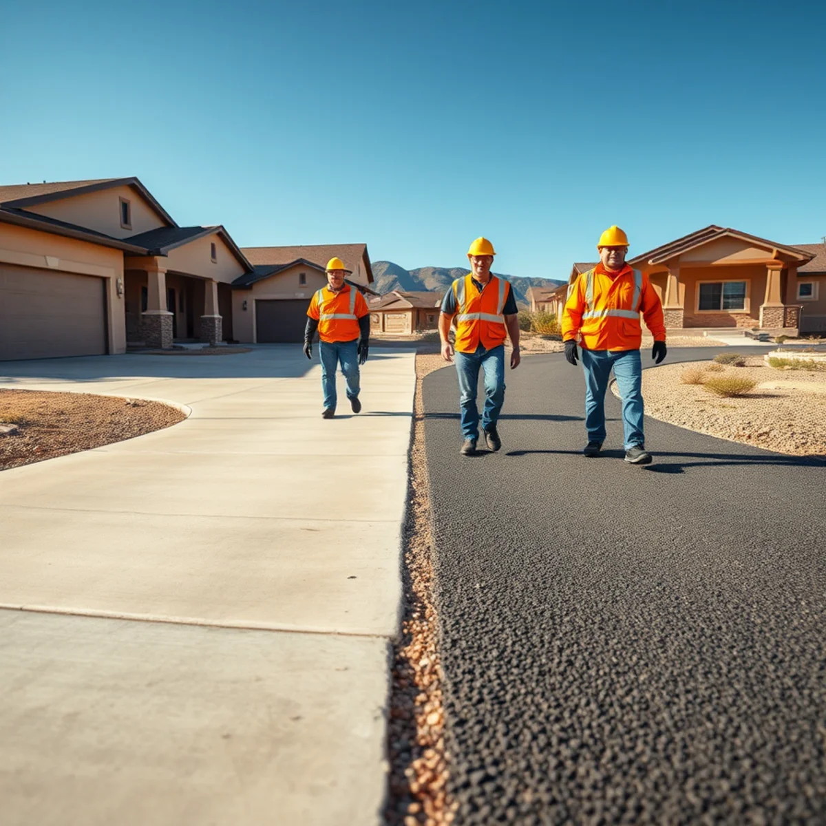 Side-by-side comparison of a concrete driveway and an asphalt driveway at Colorado homes