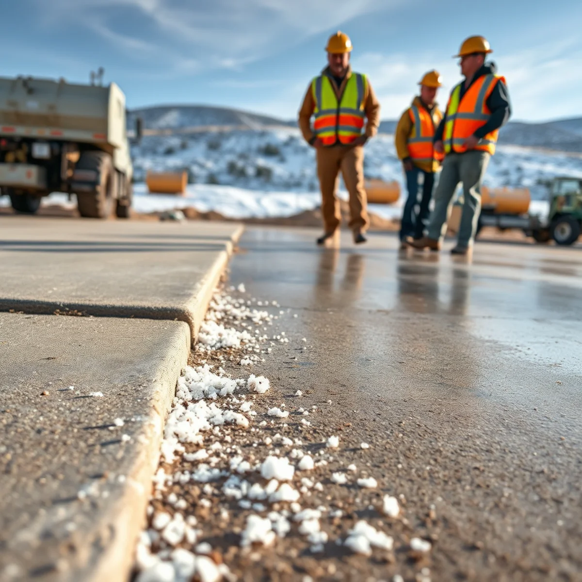 Deicing salt scattered on a concrete driveway in winter with early surface scaling near the edge in Pueblo, CO