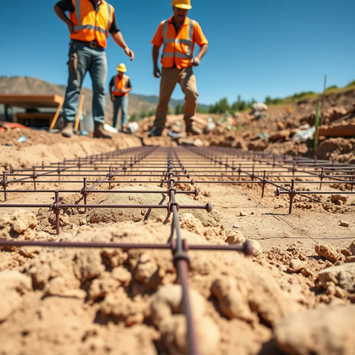 Compacted structural base and rebar-reinforced footings prepared for a concrete foundation on expansive clay soil in Pueblo County