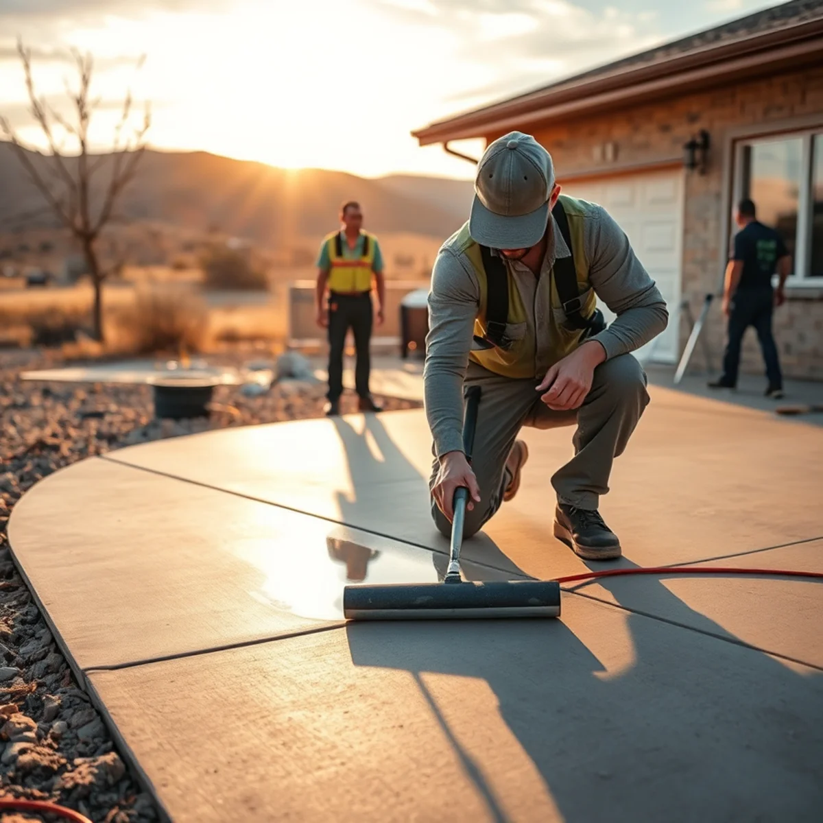 Homeowner applying penetrating sealer to a concrete driveway outside a home in Pueblo, CO