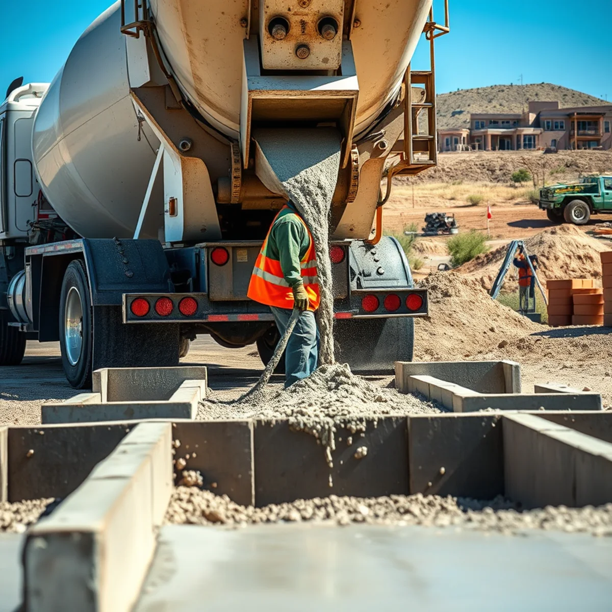 Ready-mix truck pouring air-entrained concrete down the chute at a Pueblo, CO driveway job site