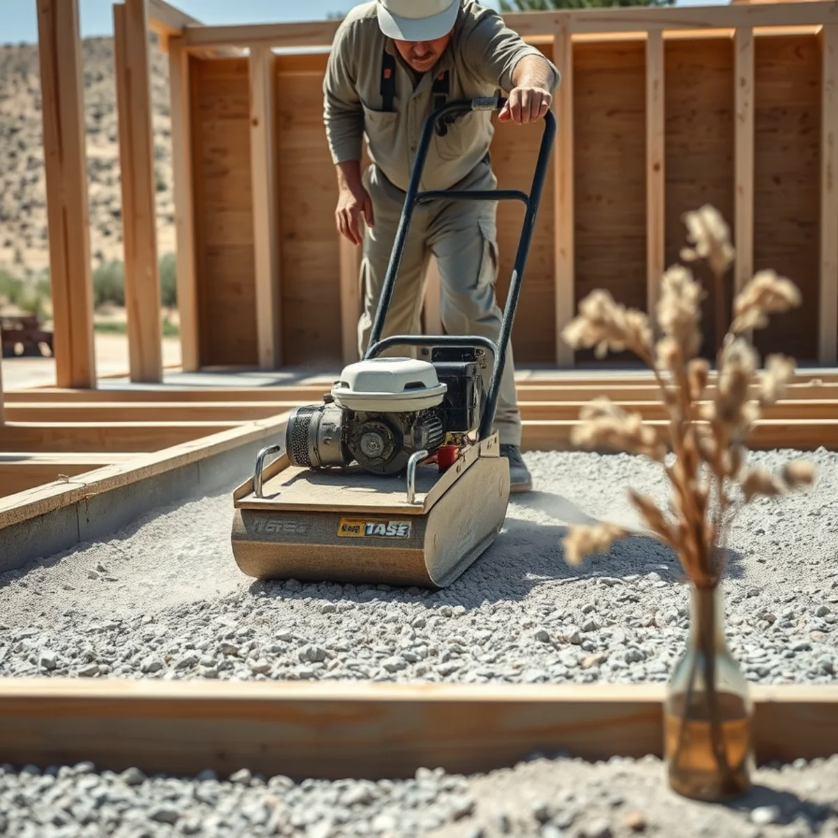 Worker compacting a gravel base with a plate compactor before a concrete pour in Pueblo, CO
