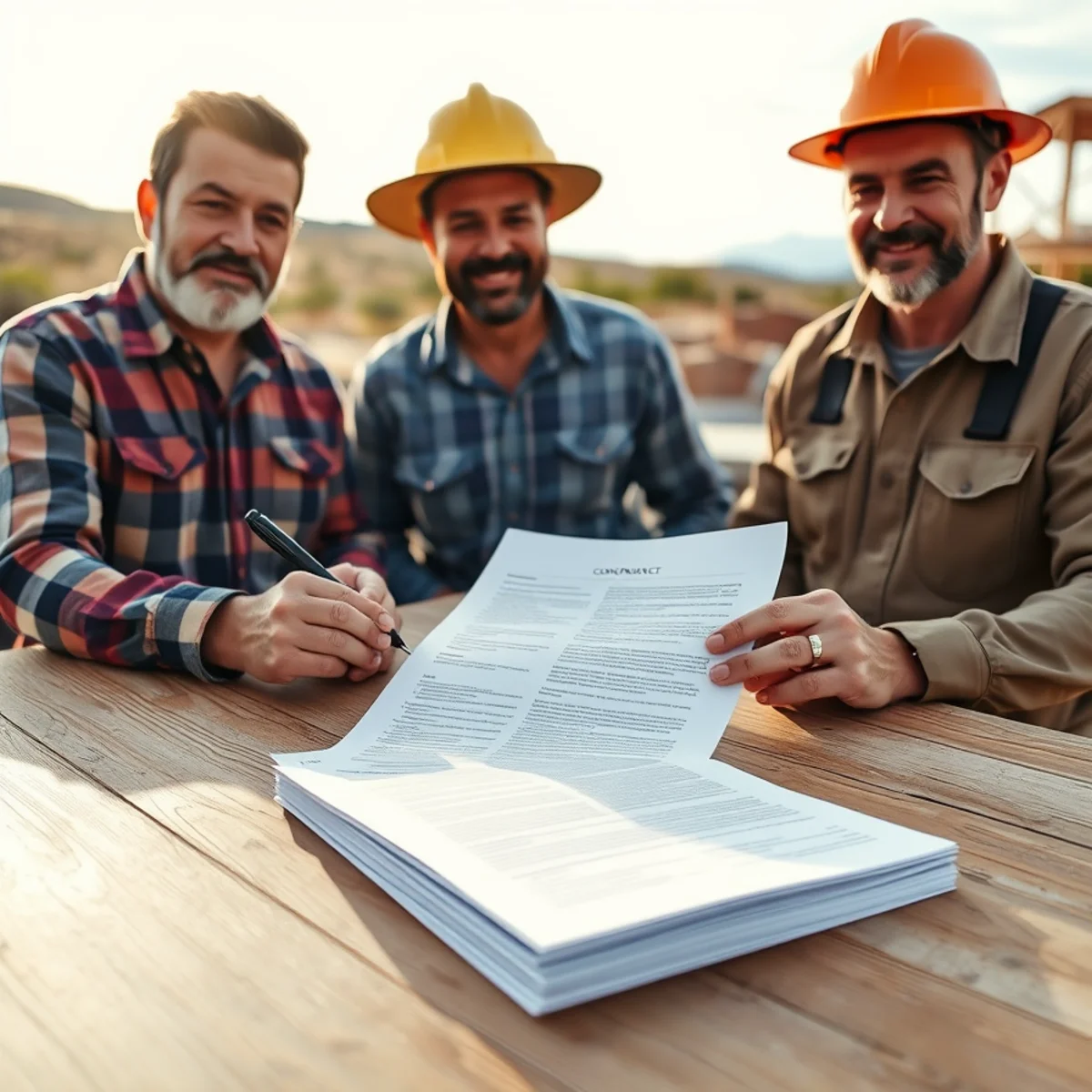 Homeowner and concrete contractor reviewing a written contract and warranty at a table