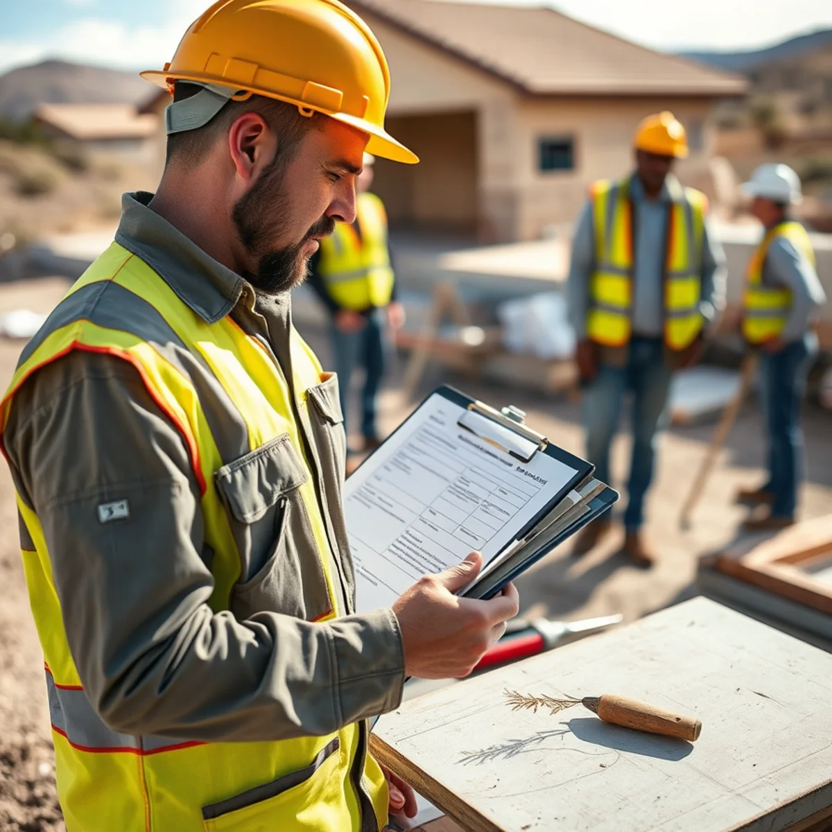 Concrete contractor reviewing permit paperwork on a clipboard at a Pueblo, CO job site