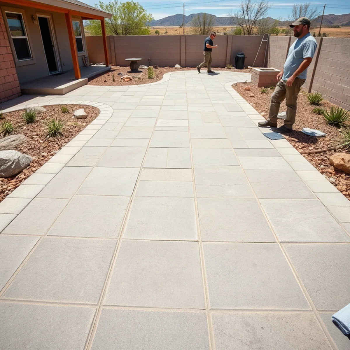 Stamped concrete patio with a clean ashlar-slate pattern in muted gray and tan on a Pueblo, CO backyard