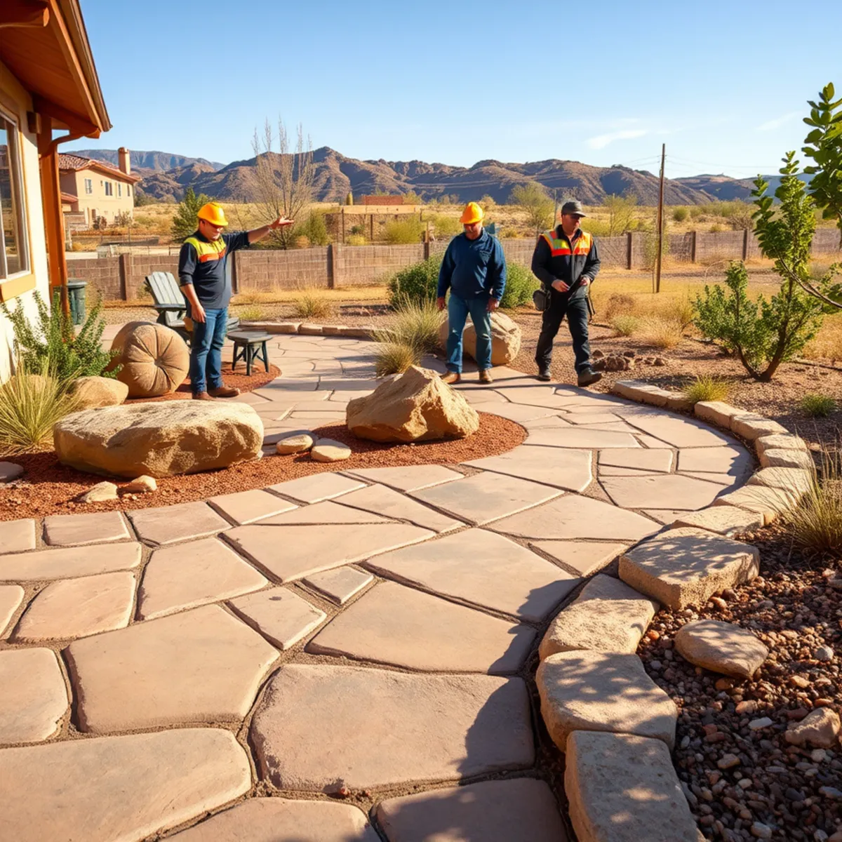 Random flagstone stamped concrete patio with irregular natural-stone joints in a high-desert backyard