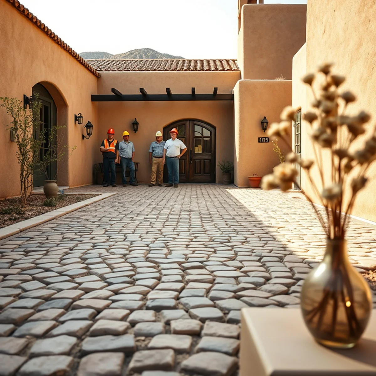 Old-world cobblestone stamped concrete courtyard at a Spanish-style Pueblo, CO home