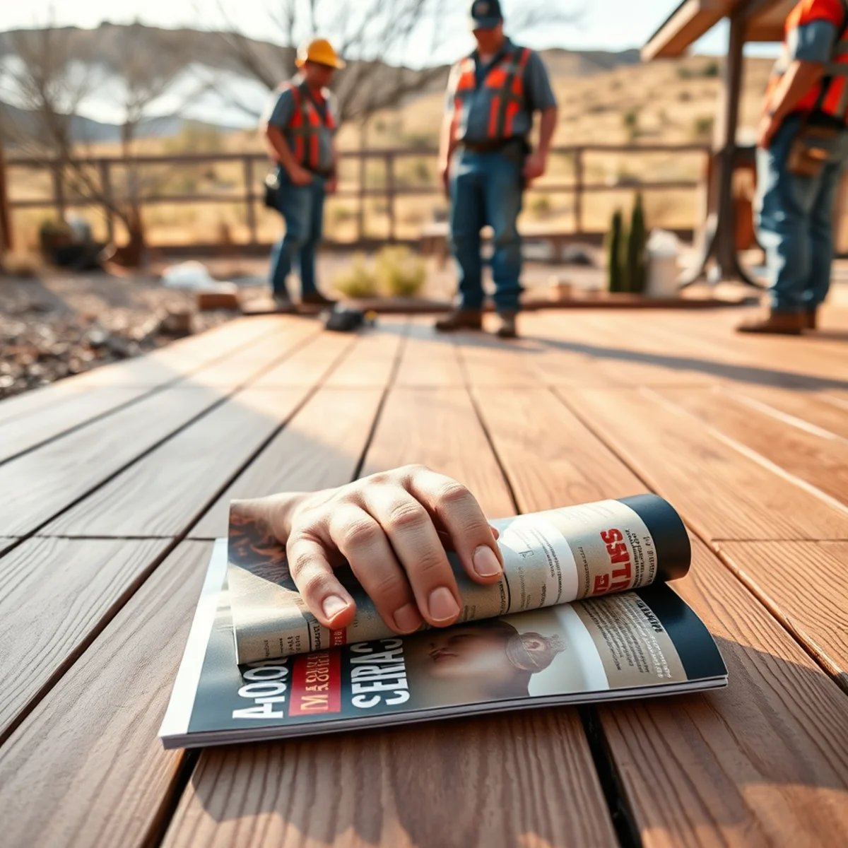 Wood-plank stamped concrete patio colored to mimic weathered timber planks in Southern Colorado