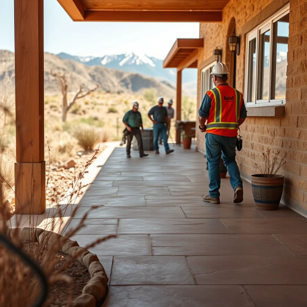 Stamped concrete patio in warm earth-tone integral color echoing the Southern Colorado landscape