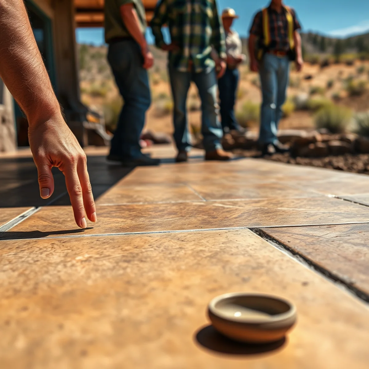 Antiqued two-tone stamped concrete patio with depth and shadow that mimics quarried stone