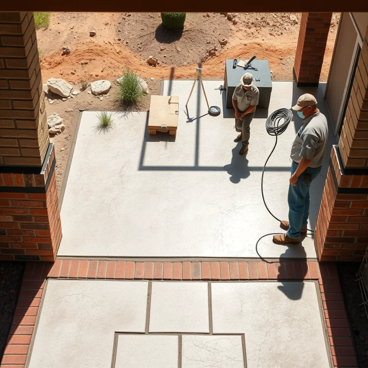 Stamped concrete patio framed by a contrasting soldier-course brick border and banding