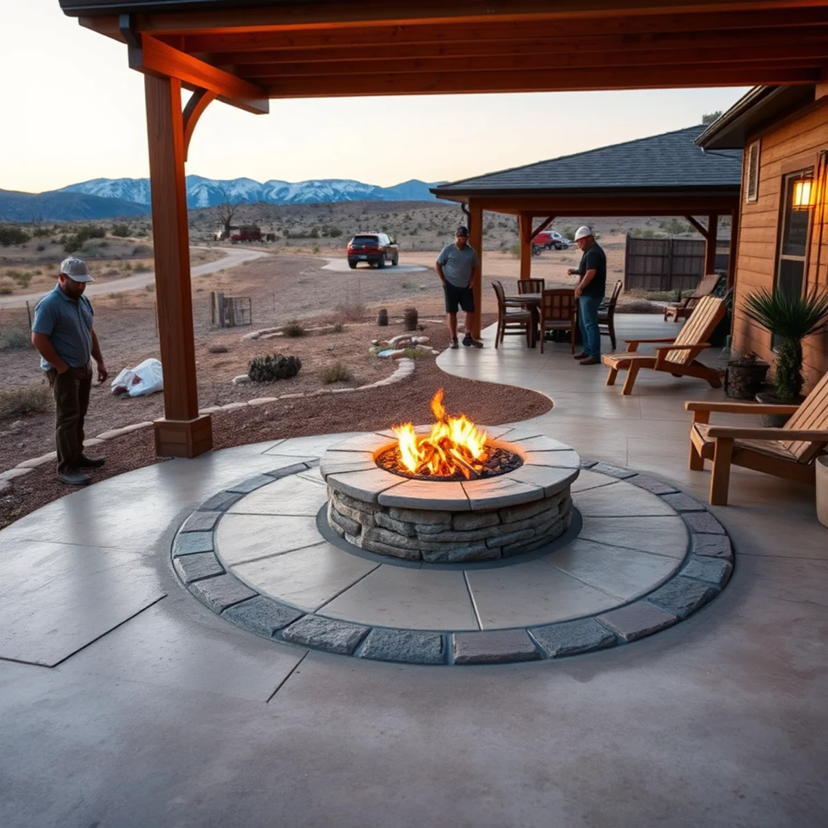 Stamped concrete patio with a built-in fire pit and contrasting stone apron in a Pueblo, CO backyard