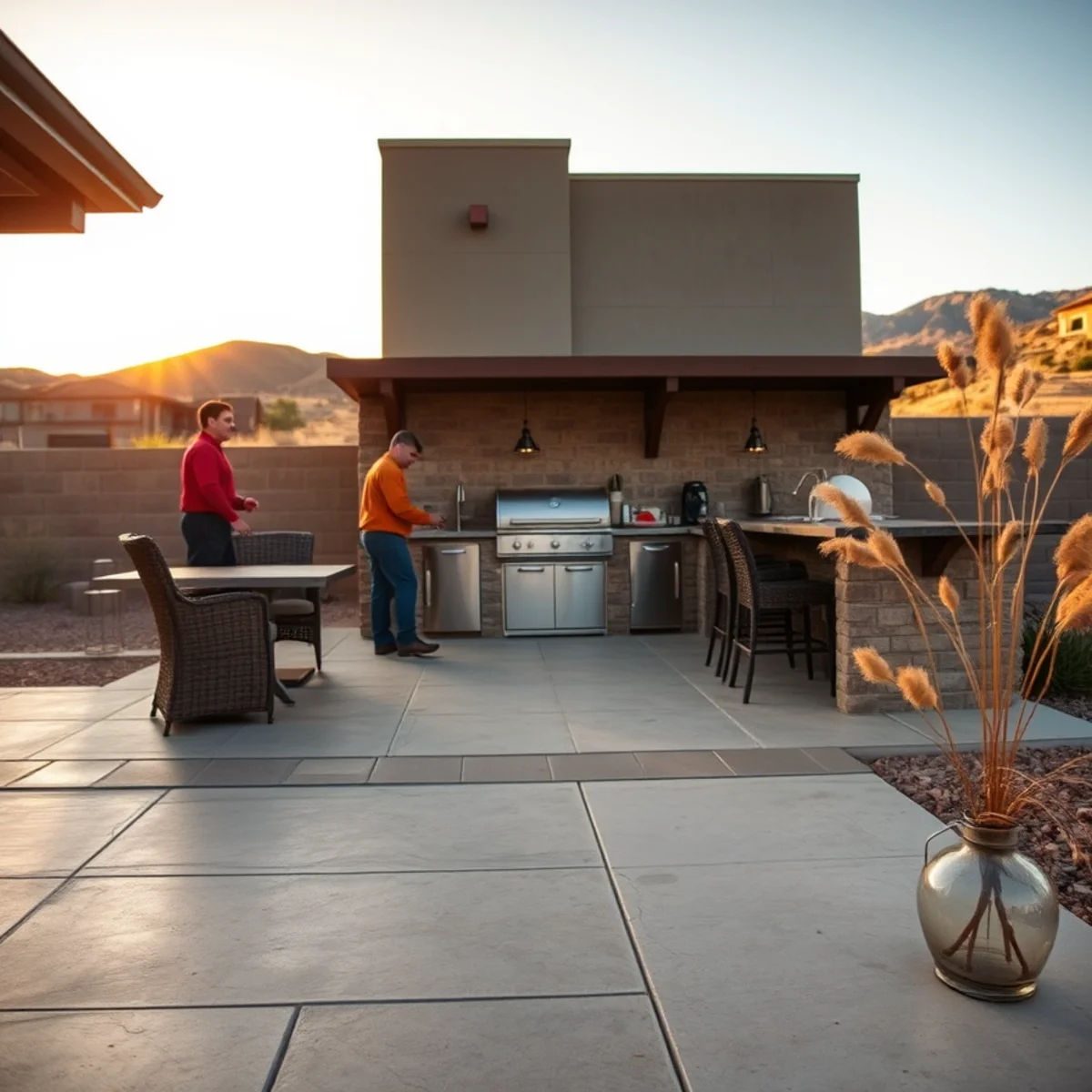 Stamped concrete patio extended into an outdoor kitchen and grill station with seating