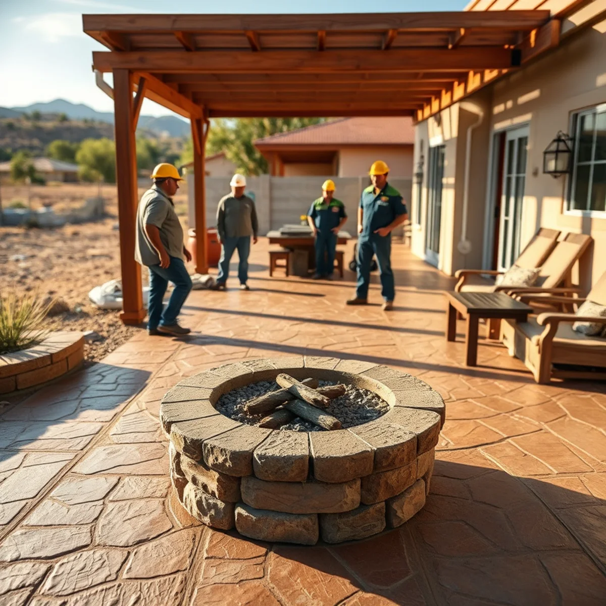 Stamped concrete patio with earth-tone coloring and a fire pit in a Pueblo West, CO backyard