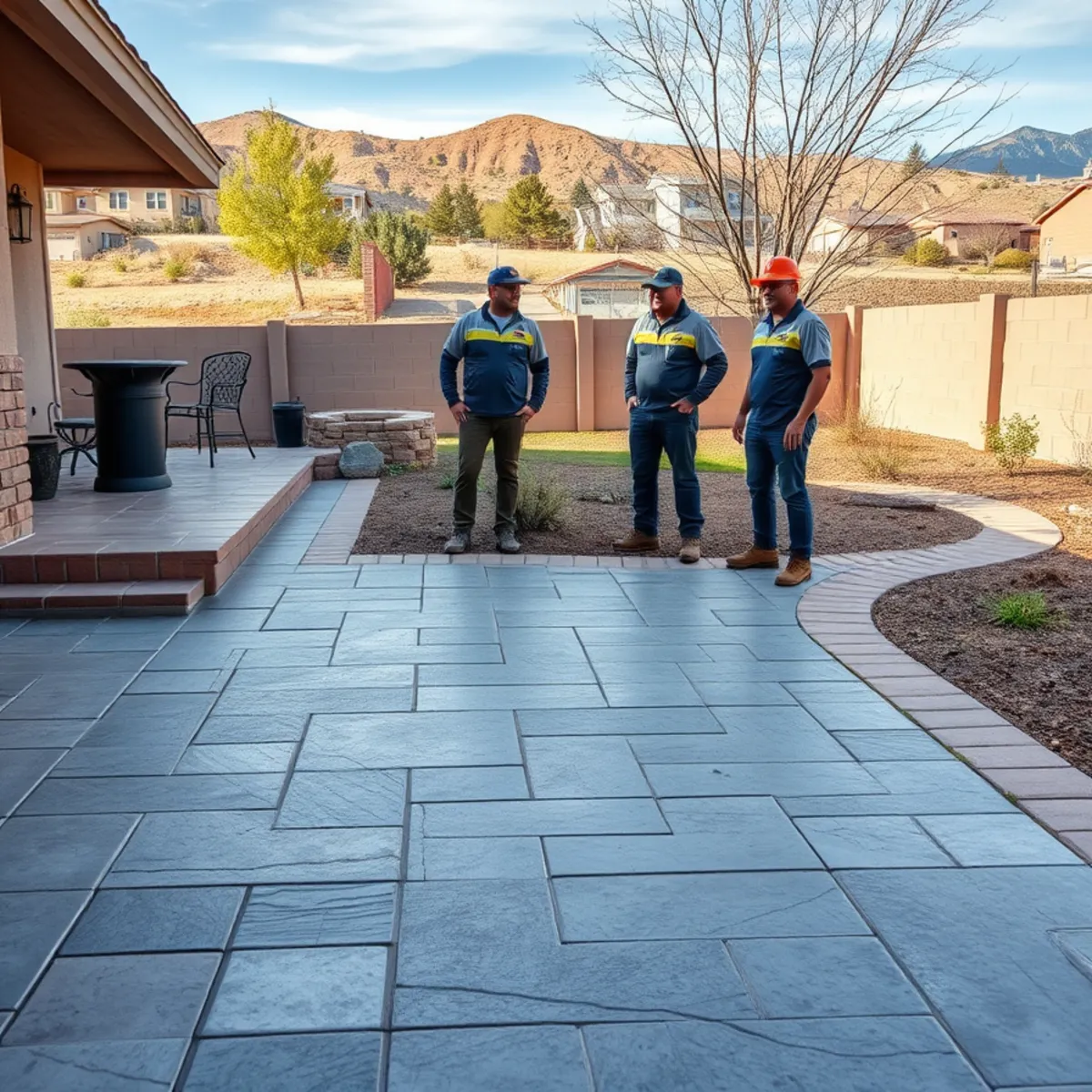 Stamped concrete patio with an ashlar-slate pattern beside a paver walkway in a Pueblo, CO backyard
