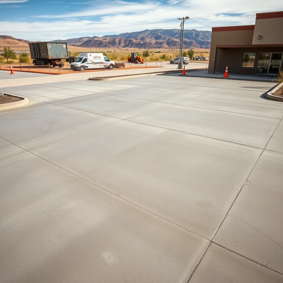 Freshly poured commercial concrete parking lot with new curbs at a business in Pueblo, CO