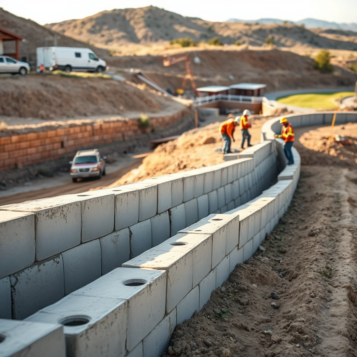 Poured concrete retaining wall terracing a sloped backyard with weep holes on a Pueblo, CO hillside lot