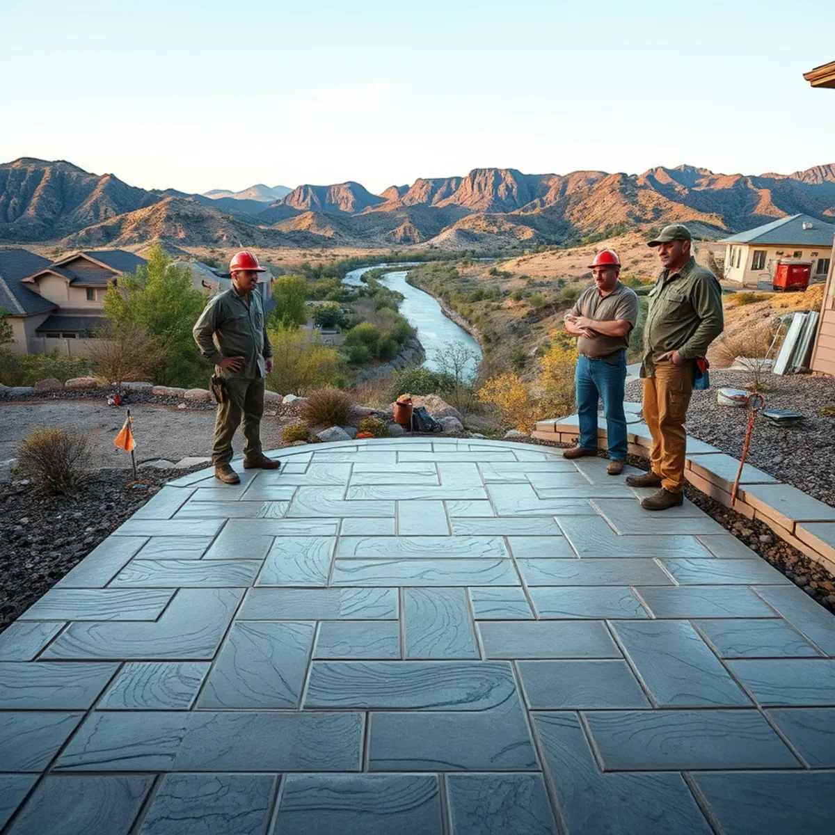 Stamped concrete patio on a Cañon City, CO backyard with the Arkansas River valley and hogback ridges behind it