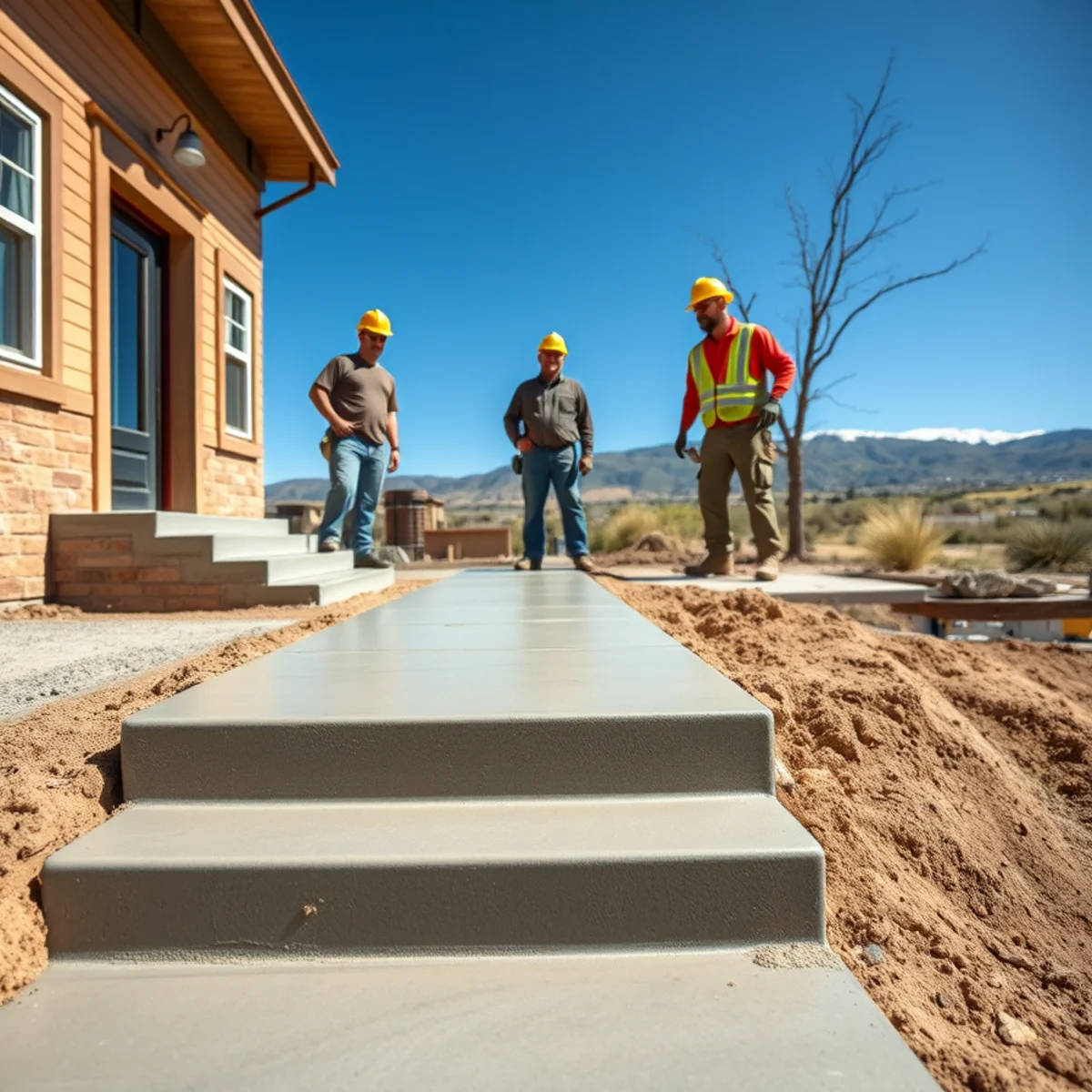 Freshly poured concrete walkway and steps at a historic early-1900s home near Main Street in Florence, CO